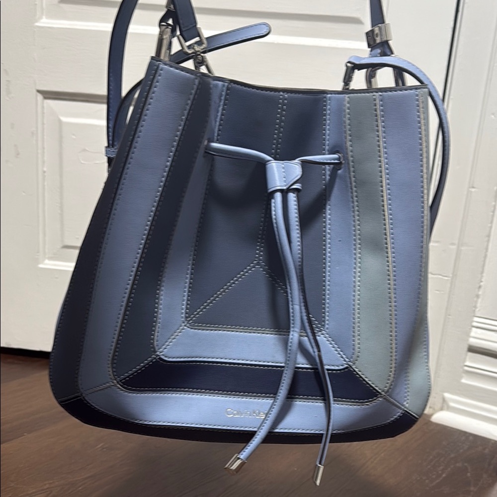 Calvin Klein Gray and blue Harmony Draw String Bucket Bag